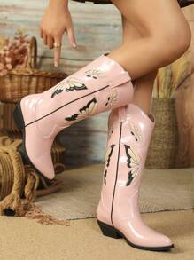 Styleloop Butterfly & Flower 3d Inlay Pink European Style Western Boots, 2024 Spring & Autumn New Arrival Fashionable PU Leather Boots, Cowboy Boots For Women - Pink - View 2