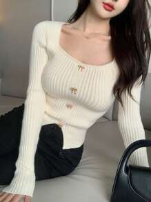 DAZY Scoop Neck Ribbed Knit Asymmetrical Hem Sweater,Long Sleeve Tops,Fall Women Clothes Crop Women Tops