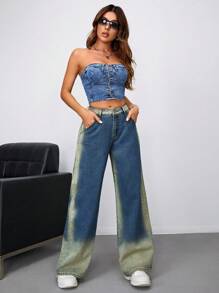 SHEIN EZwear 高腰闊腿牛仔褲 - 中等水洗藍 - 查看 3