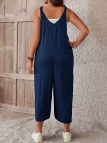 SHEIN LUNE Plus Button Front Wide Leg Jumpsuit Without Tube Top - Navy Blue - View 3