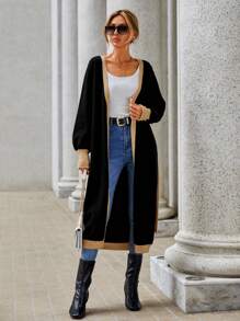 SHEIN Clasi 撞色飾邊燈籠袖束帶開衫 - 黑色 - 查看 4