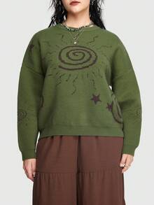 ROMWE Hippie 大碼星星&太陽圖案落肩袖套頭毛衣 - 軍綠色 - 查看 7