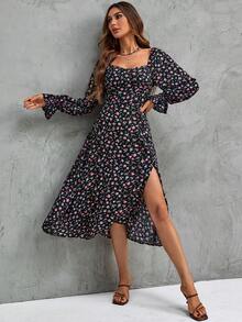 SHEIN Clasi 碎花喇叭袖高衩洋裝 - 彩色 - 查看 3