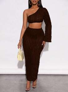 BamGleam One Shoulder Crop Top & Pencil Skirt Fall Cloth For Women - Coffee Brown - View 7