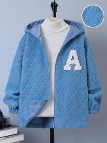 SHEIN Tween Boy Letter Patched Hooded Teddy Coat Without Sweater - Blue - View 1