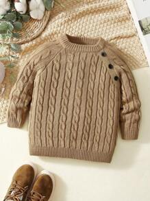 SHEIN 年輕男孩麻花編織插肩袖套頭毛衣 - 卡其色 - 查看 1