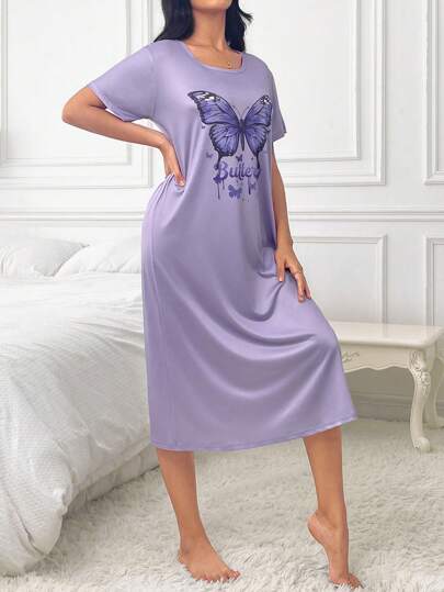 Butterfly Slogan Graphic Pajama Nightdress Long Dress, Moo Sleep Dress view 2