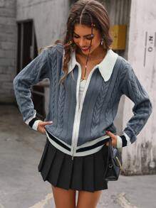 SHEIN Unity 拼接邊拉鏈開襟開襟衫 - 淺灰色 - 查看 1