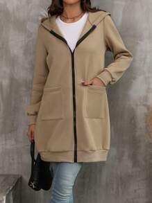 SHEIN Frenchy 雙口袋拉鏈連帽衫 - 卡其色 - 查看 4