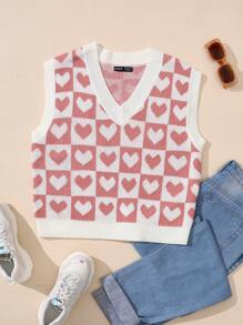 SHEIN Qutie 心&棋盤格圖案毛衣背心 - 藕粉色 - 查看 1