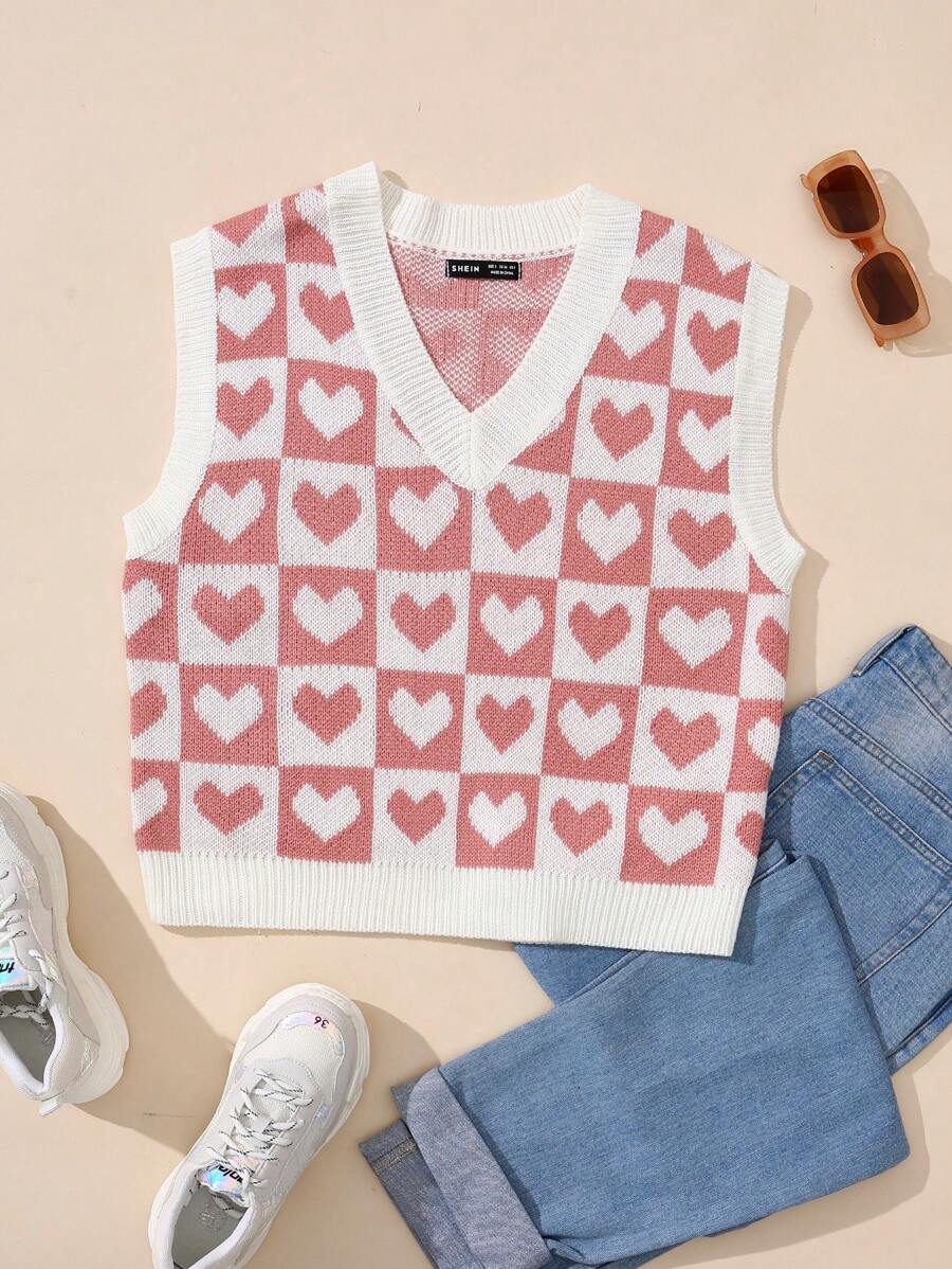 SHEIN Qutie 心&棋盤格圖案毛衣背心 - 藕粉色 - 查看 1