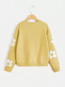 SHEIN Tween Girl Floral Pattern Drop Shoulder Sweater - Yellow - View 2