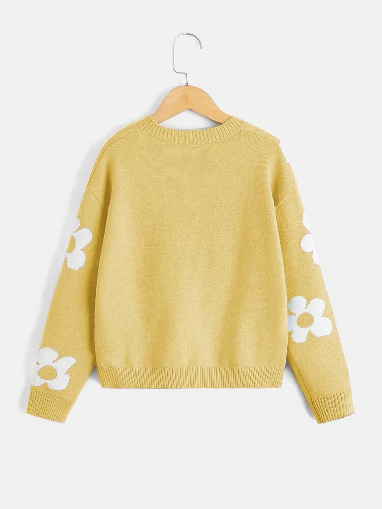 Tween Girl Floral Pattern Drop Shoulder Sweater