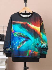 SHEIN 男大童鯊魚印花落肩袖運動衫 - 寶藍色 - 查看 1