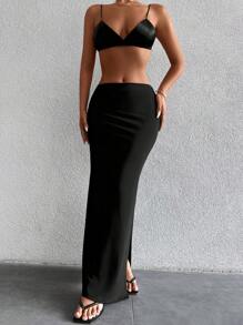 Solid Split Hem Skirt - Black - View 4
