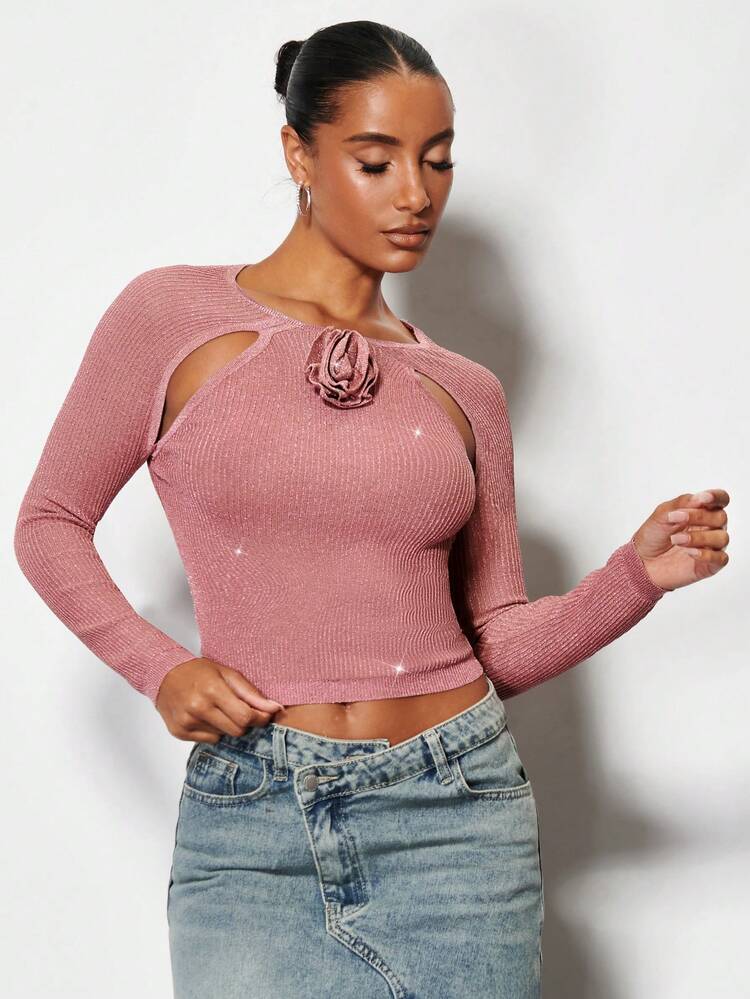 Appliques Detail Cut Out Front Crop Sweater