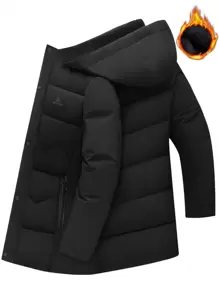 Manfinity Homme Áo khoác gió ngoài trời có mũ lót nhiệt họa tiết chữ cái cho nam, Áo khoác bong bóng đi chơi, Áo khoác mùa đông màu đen, Quà tặng cho bạn bè, chồng, bạn trai, Áo khoác phao nam, Áo khoác phao màu đen cho nam, Áo khoác ấm dài có mũ dày cho mùa đông, Áo khoác đệm chống gió - màu đen - Xem 4