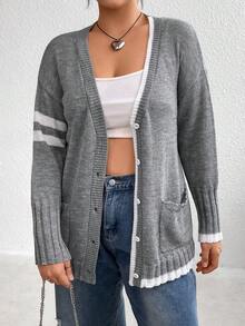 Calvaya Plus Striped Pattern Dual Pocket Drop Shoulder Cardigan - Grey - View 6