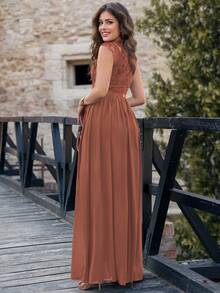 MIUSOL Đầm dự tiệc ren hoa thanh lịch cổ bẻ tay lửng viền xếp ly - Màu Cam cháy - Xem 3