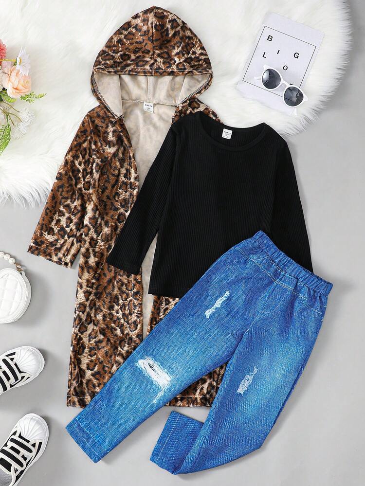 Young Girl Leopard Print Hooded Coat & Rib-knit Tee & Denim-Effect Print Pants