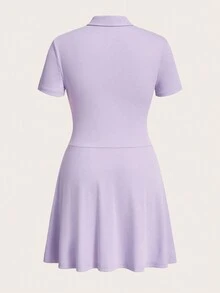 SHEIN EZwear Solid Half Button Ribbed Knit Dress - Lilac Purple - View 2