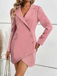 SHEIN Privé Puff Sleeve Button Front Wrap Hem Blazer Dress - Dusty Pink - View 6