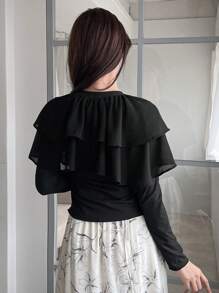 FRIFUL Solid Tie Neck Ruffle Trim Tee - Black - View 2