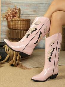 Styleloop Butterfly & Flower 3d Inlay Pink European Style Western Boots, 2024 Spring & Autumn New Arrival Fashionable PU Leather Boots, Cowboy Boots For Women - Pink - View 3