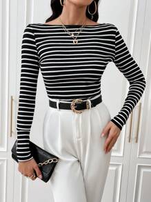 SHEIN Essnce 條紋印花船領T恤 - 黑色 - 查看 1