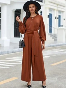 SHEIN Clasi Thả vai Thắt lưng Áo liền quần ống rộng - màu nâu - Xem 4