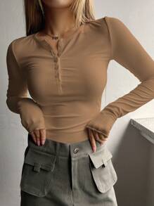 DAZY Áo thun dệt kim có gân phía trước có nút chắc chắn - màu nâu - Xem 1