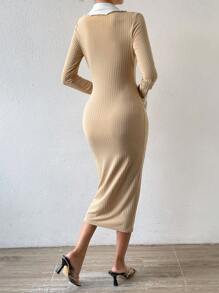 SHEIN Essnce Contrast Collar Flounce Sleeve Button Through Ribbed Knit Bodycon Dress - Apricot - View 2