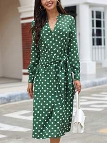 SHEIN Clasi In vết tròn Polka Váy có thắt lưng - màu xanh lá - Xem 6