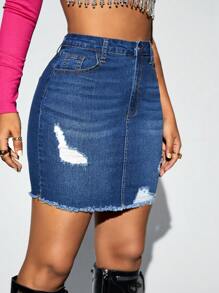 SHEIN SXY Ripped Raw Hem Denim Skirt