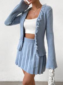 SHEIN LUNE Fringe Trim Ribbed Knit Cardigan & Knit Skirt - Blue - View 5