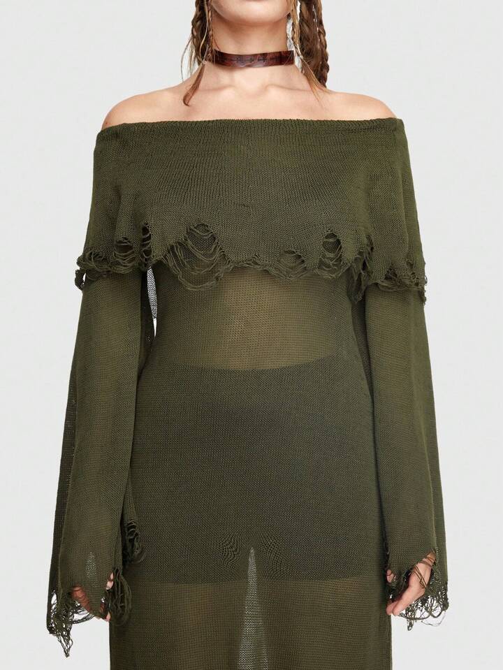 Our Fairycore Off Shoulder Ruffle Trim Flare Sleeve Sweater Dress Without  Belt is such a vibe - ROMWE