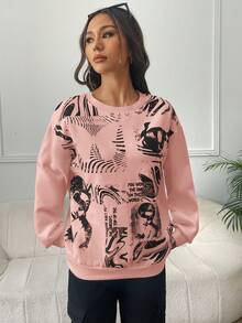 SHEIN EZwear 人像圖案落肩袖運動衫 - 粉色 - 查看 6