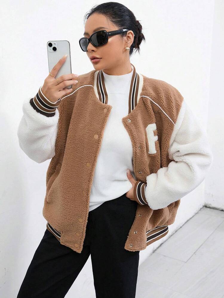 Letter Patched Striped Trim Drop Shoulder Teddy Varsity Jacket Fall Cloth For Women