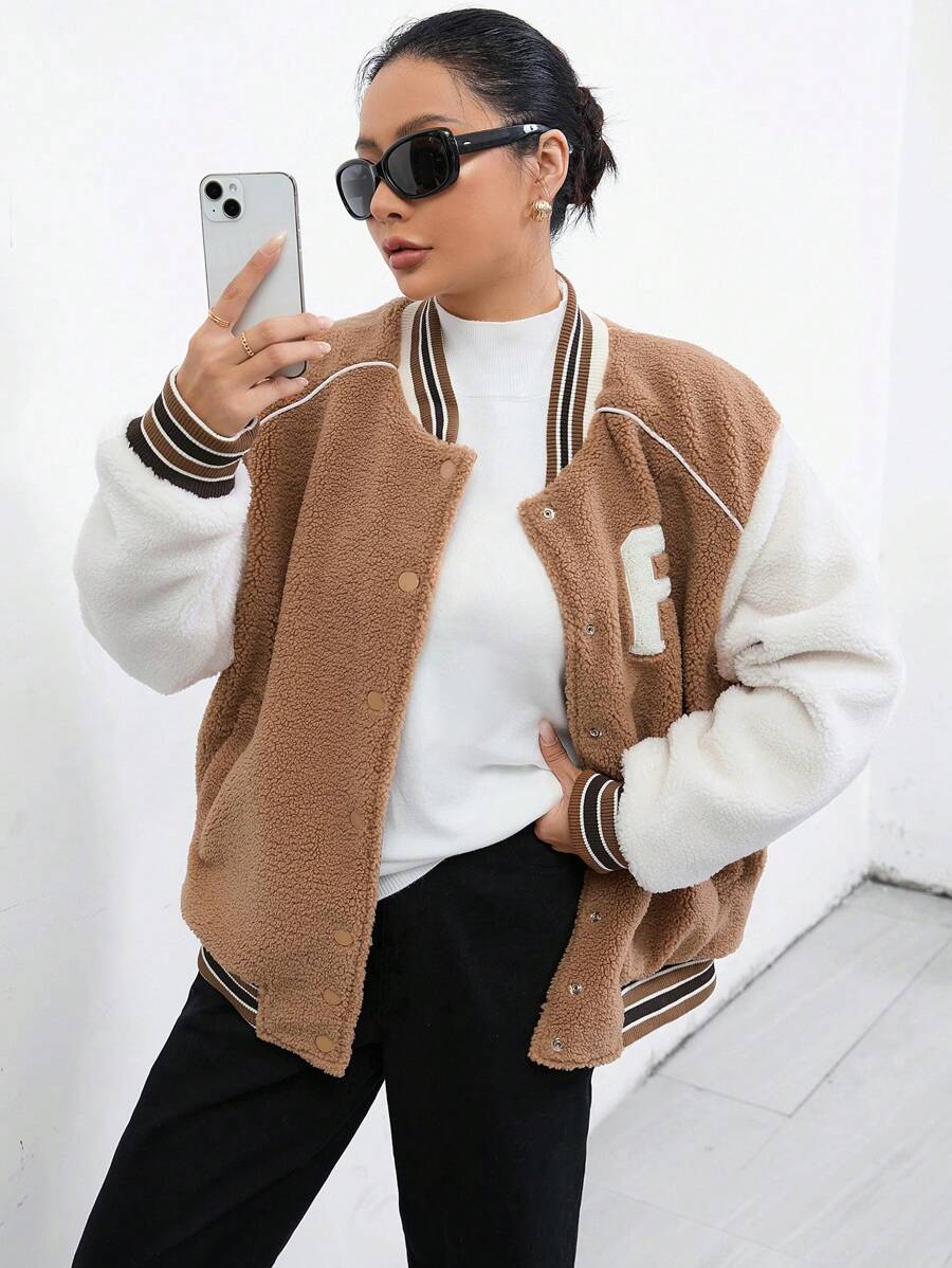 GENKIRA Letter Patched Striped Trim Drop Shoulder Teddy Varsity Jacket Fall Cloth For Women - Multicolor - View 1
