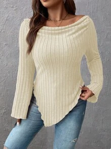 Celure Plus Off Shoulder Lettuce Trim Asymmetrical Hem Tee - Beige - View 4