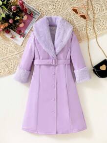 SHEIN 女小童毛茸茸翻領腰帶PU皮革外套 - 紫色 - 查看 5