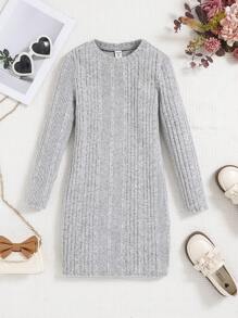 2 Stücke/Set Mädchen einfarbiges Strick Rundhals Figurbetontes Lässig Schwarz & Grau Kleid