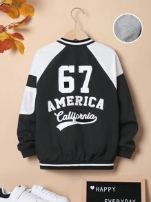 SHEIN Tween Boy Letter Graphic Two Tone Raglan Sleeve Thermal Lined Varsity Jacket - Black and White - View 1
