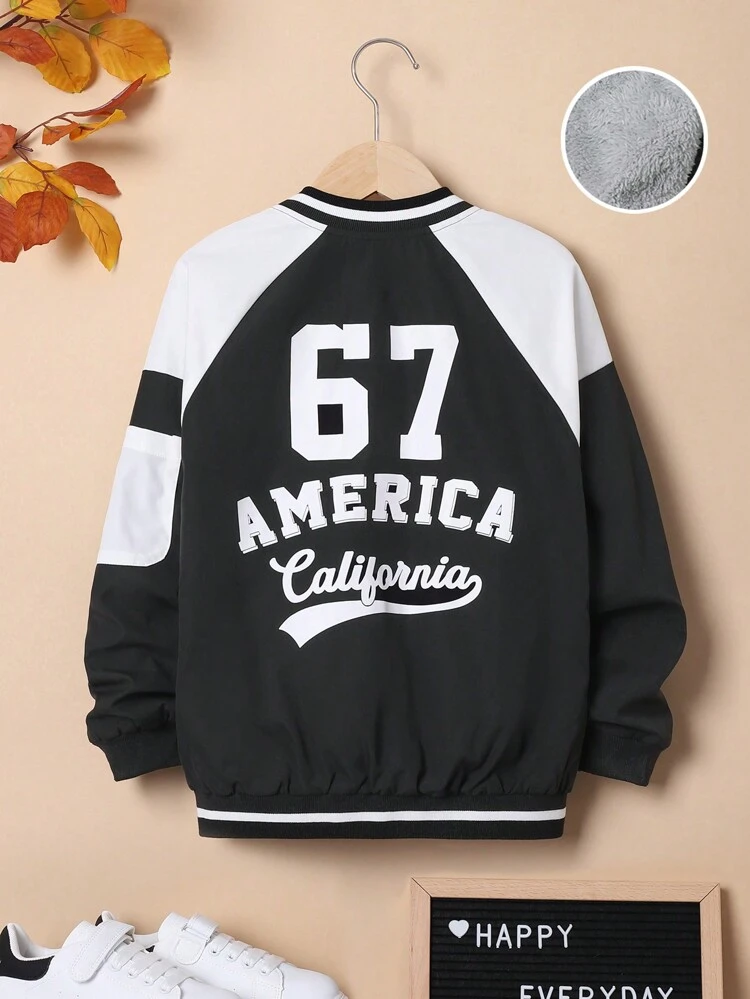 Tween Boy Letter Graphic Two Tone Raglan Sleeve Thermal Lined Varsity Jacket