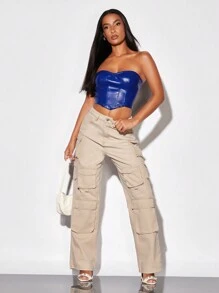 SHEIN BAE Solid Zip Up Hanky Hem Tube Top - Royal Blue - View 5