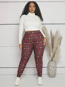 SHEIN CURVE+ Plus Plaid Print Leggings - Red - View 4