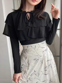 FRIFUL Solid Tie Neck Ruffle Trim Tee - Black - View 7