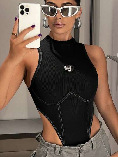 SHEIN ICON 字母圖形拼接高股裂夏季背心連體褲