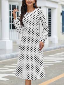 SHEIN Clasi Polka Dot Print A-line Dress - Black and White - View 6