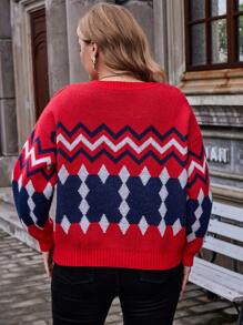 Flirla Plus Chevron Pattern Drop Shoulder Cardigan - Red - View 2